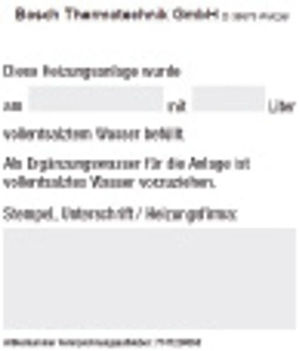 Rechnung von Bosch Thermotechnik GmbH über die Lieferung von vollentsalztem Wasser, mit Platz für Datum, Unterschrift und Stempel.